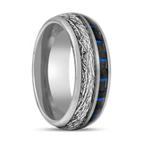 NEBULON | Silver Tungsten Ring, Imitation Meteorite & Blue Carbon Fiber Inlay, Domed