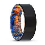 OAKHEART | Blue & Yellow/Orange Wood, Black Tungsten Ring, Shiny, Flat