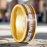 OAKRIDGE | Yellow Tungsten Ring, Whiskey Barrel & Deer Antler Inlay