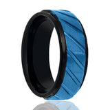 OBERON | Black Tungsten Ring, Blue Diagonal Grooves, Stepped Edge