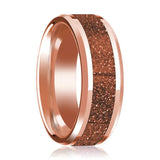 Orange Goldstone Inlaid 14k Rose Gold Wedding Band for Mens with Beveled Edges Polished Finish - 8MM