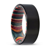 ORCHIDS | Multi Color Wood, Black Tungsten Ring, Shiny, Flat