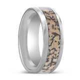 ORDOVICIAN | Silver Tungsten Ring, Brown Dinosaur Bone Inlay, Beveled