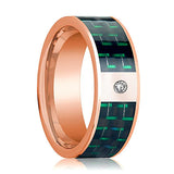 Polished 14k Rose Gold Wedding Band for Men with Diamond and Black & Green Carbon Fiber Inlay - 8MM