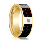 Polished 14k Yellow Gold & Diamond Flat Wedding Band for Men with Black and Red Carbon Fiber Inlay - 8MM