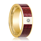 Purpleheart Wood Inlaid Men's 14k Gold Wedding Band with White Diamond - 8MM