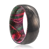 RUTLAND | Green & Red Wood, Gunmetal Damascus Steel Ring, Domed