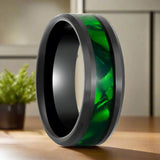 SABRE | Black Tungsten Ring, Green Mother of Pearl Inlay, Beveled