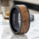 SCOTCH | Black Ceramic Ring, Whiskey Barrel Wood Inlay, Flat Polished Edges