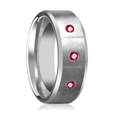 Silver Brushed Satin Finish Men's Tungsten Wedding Band with 3 Red Ruby in Center and Bevels - 8MM