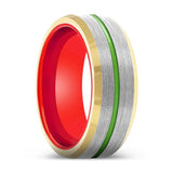 SUNLORD | Red Ring, Silver Tungsten Ring, Green Groove, Gold Beveled Edge