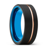 THORN | Blue Tungsten Ring, Black Tungsten Ring, Rose Gold Offset Groove, Brushed, Flat