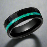 TURQUISEA | Black Tungsten Ring, Hammered, Green Opal Inlay, Flat