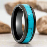 VERDEL | Black Tungsten Ring, Turquoise Inlay, Beveled Edge