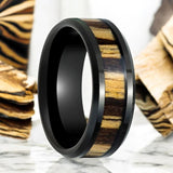 WILDSTRIPE | Black Tungsten Ring, Zebra Wood Inlay, Beveled Edge