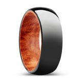 WOODLANDIA | Red Burl Wood, Black Tungsten Ring, Shiny, Domed Tungsten