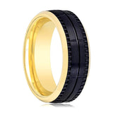 Yellow Gold Beveled Men's Black Tungsten Wedding Band with an inset Groove in Center and Block Center Pattern