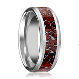 JURASSIC | Silver Tungsten Ring, Red Dinosaur Bone Inlay, Beveled