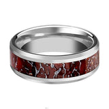 JURASSIC | Silver Tungsten Ring, Red Dinosaur Bone Inlay, Beveled