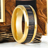 ZEBROSTA | Gold Tungsten Ring, Zebra Wood Inlay, Beveled Edge