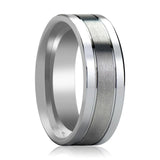 Flat Silver Tungsten Wedding Band for Men with Dual Offset Grooves & Brushed Center - 6MM - 8MM