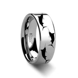 Marlin Fish Sea Pattern Print Engraved Flat Tungsten Wedding Ring for Men and Women - 4MM - 12MM