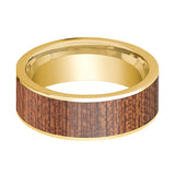 Cherry Wood Inlaid Flat 14k Gold Wedding Band for Men Polished Finish - 8MM