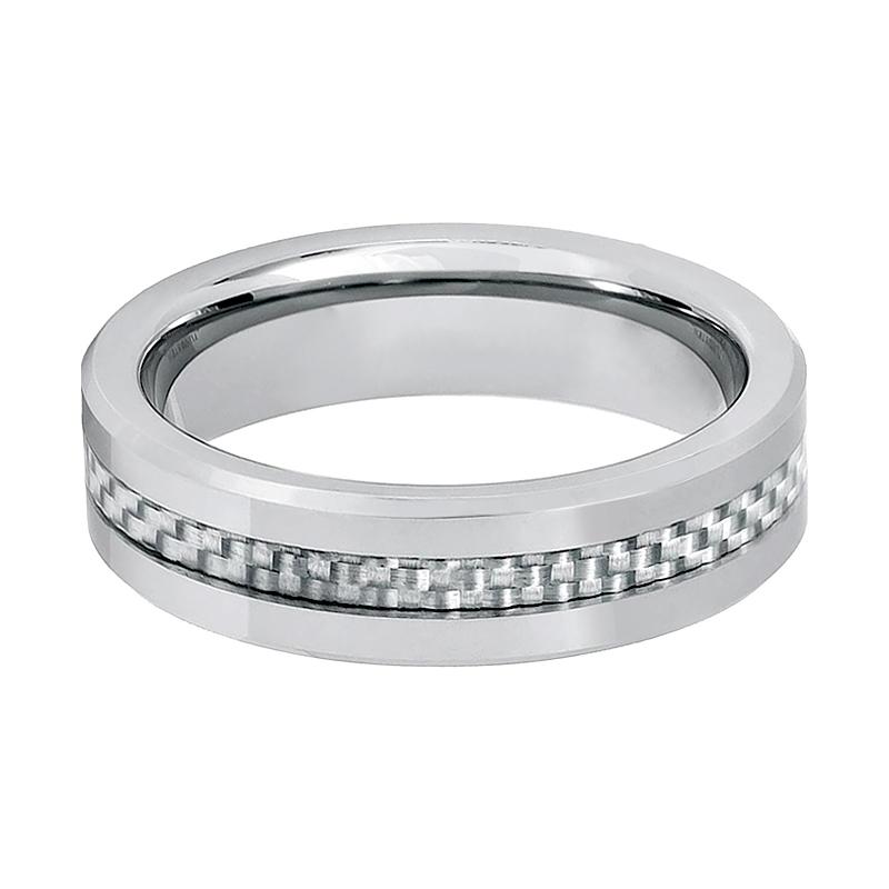 Men's Silver Tungsten Wedding Band with Grey Carbon Fiber Inlay