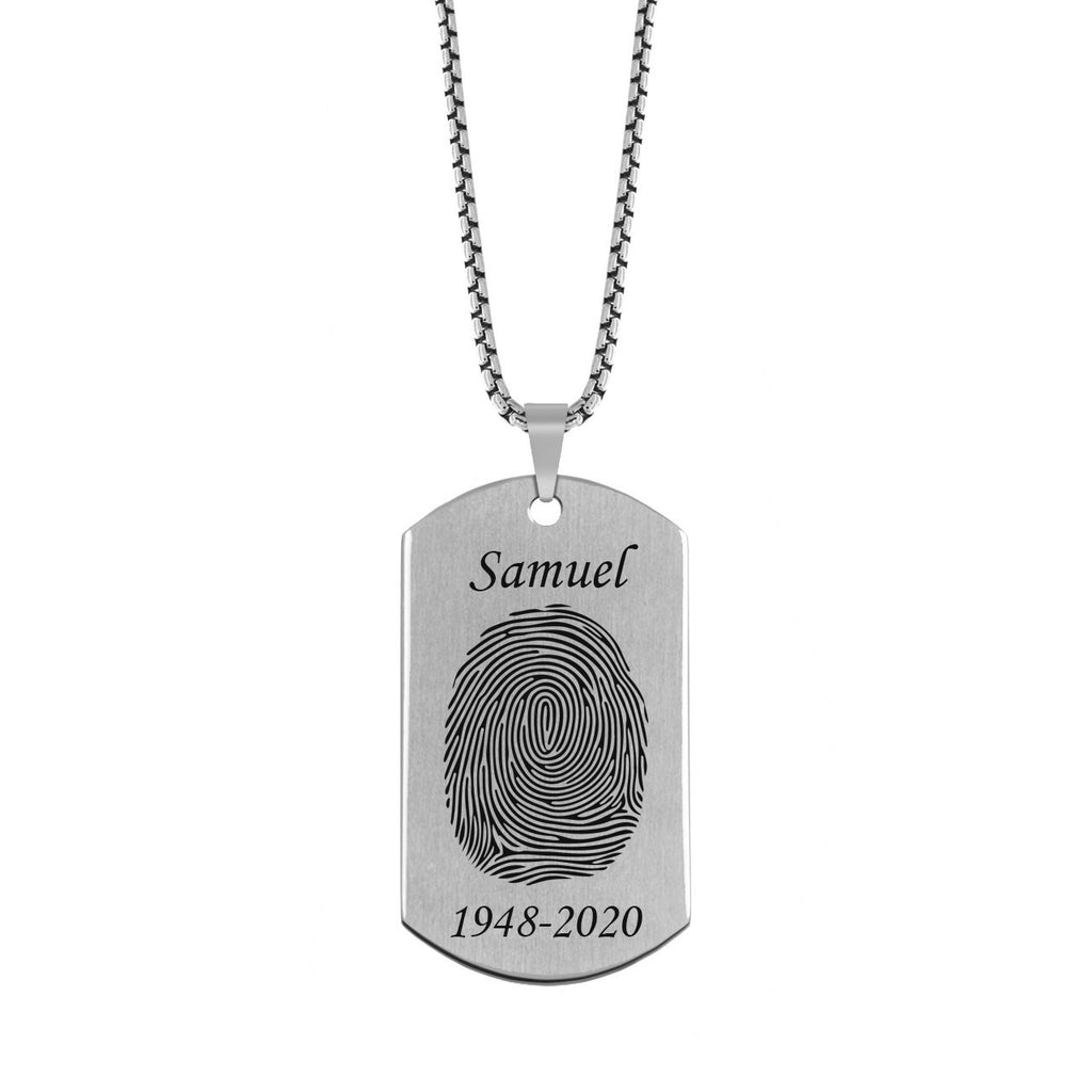 Brushed Stainless Steel Fingerprint Dog Tag Necklace Silver